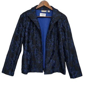 Chico's Blazer Jacket Women‎ Size L Blue Floral Collared Long Sleeve Open Front